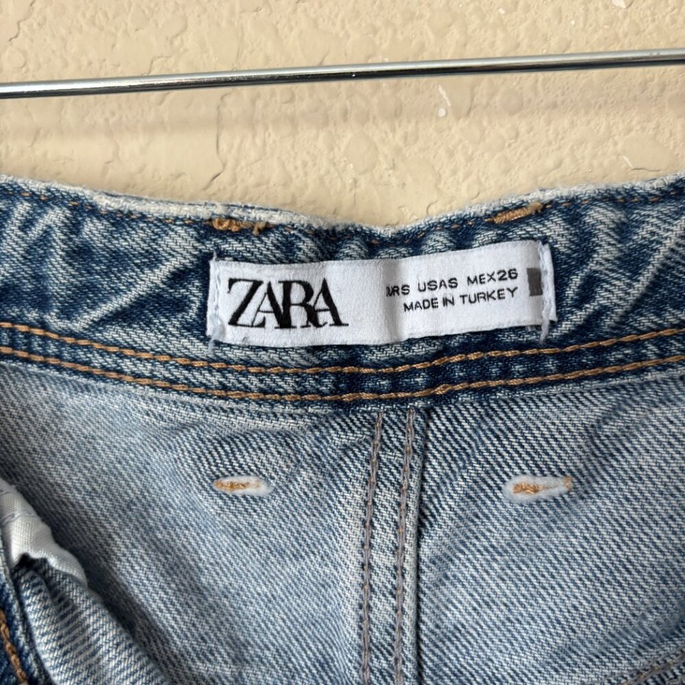 Zara Distressed Released Hem Front Slit Denim Blue Jean Midi Skirt - Picture 3 of 9